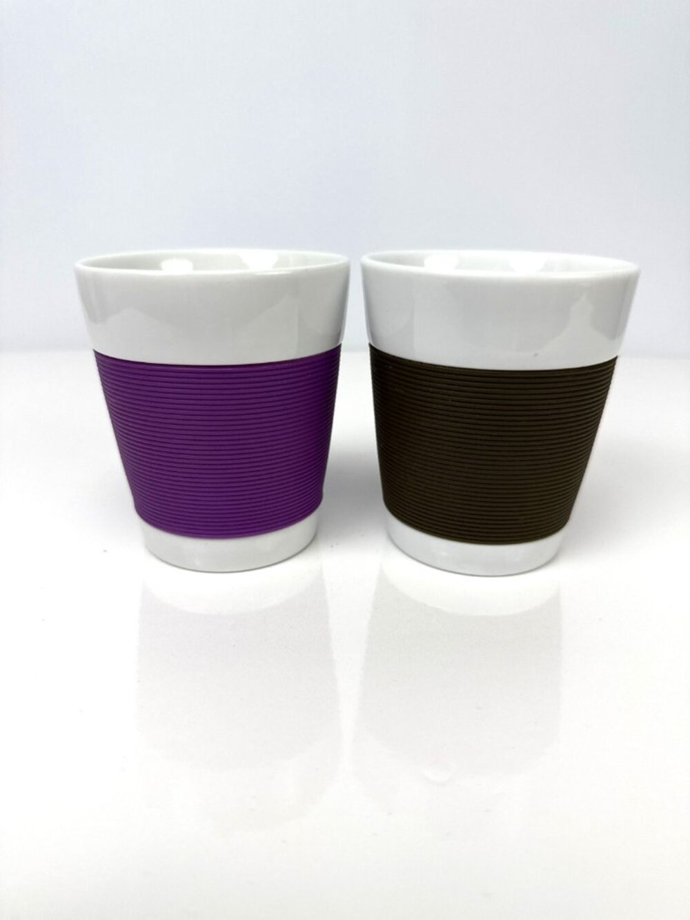 BODUM Porcelain‎ Silicone Double Wall White Purple Brown Coffee Cups Set of 2